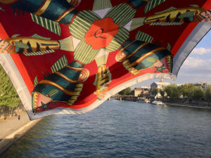 fish printed red silk scarf with initial q over the Seine