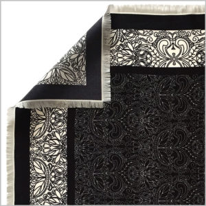 edge of silk twill scarf with hand fringe hem finishing