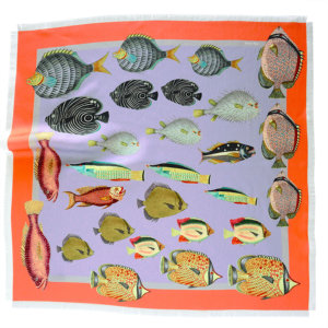 printed lavender silk twill scarf with colorful fish and fringes