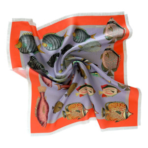 little fishes printed lavender silk twill scarf with fringes