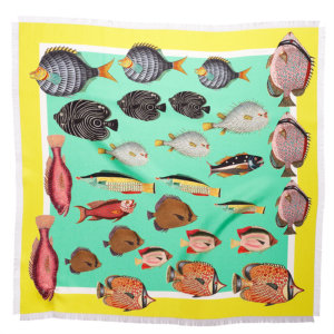 printed orage silk twill scarf with colorful fish and fringes