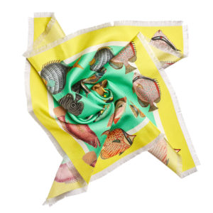 printed green silk twill scarf with colorful fish and fringes