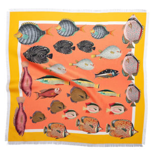 printed orage silk twill scarf with colorful fish and fringes