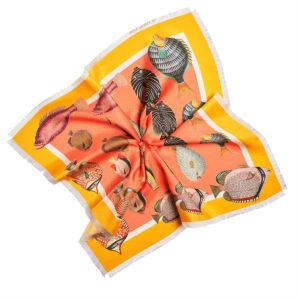 printed orange silk twill scarf with colorful fish and fringes