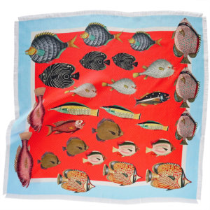 little fishes printed raspberry silk twill scarf with fringes