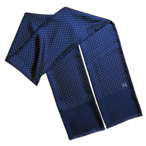 mens blue double silk polka dot scarf with fringes