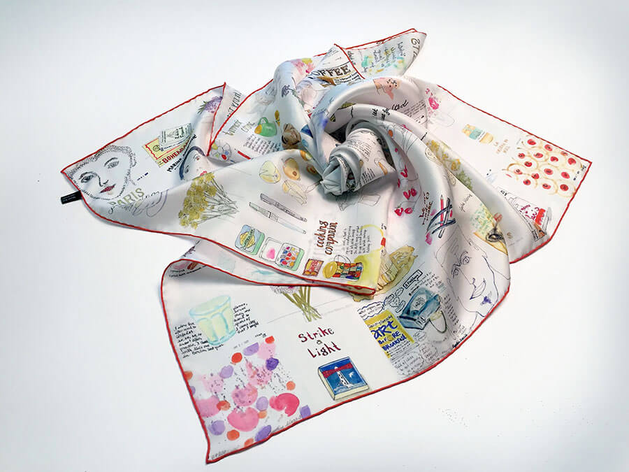 printed silk scarf with patchwork of aquarelle paintings