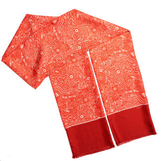 long red arabesque double silk scarf with fringe finishing