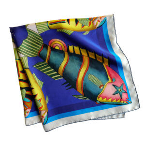 graphic fish printed blue silk twill scarf folded