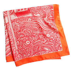 fuchsia and orange arabesque printed silk twill scarf folded