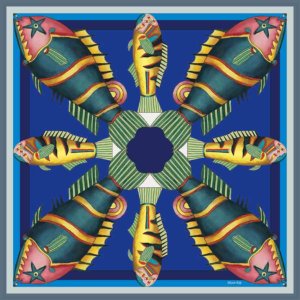 graphic fish printed blue small silk twill scarf design