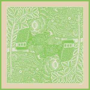 trees, flowers, houses printed green and cream silk scarf design