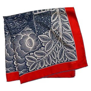 neighborhood printed navy and red silk scarf folded