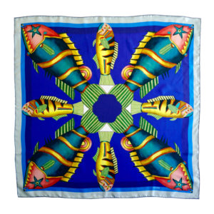 graphic fish printed blue silk twill small scarf