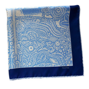 blue arabesque printed silk twill scarf folded