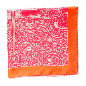 fushia and orange arabesque printed silk twill scarf folded