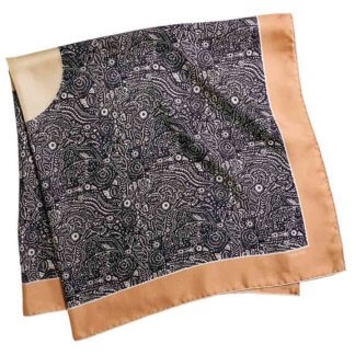 black and cream arabesque silk twill square scarf folded