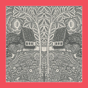 flowers trees houses printed grey and pink silk twill scarf design