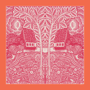 flowers trees houses printed orange and fuchsia silk twill scarf design