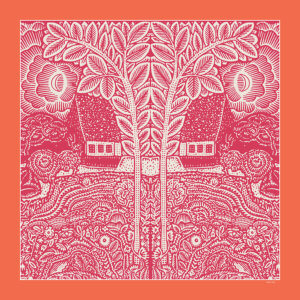 flowers trees houses printed orange and fuchsia silk twill scarf design