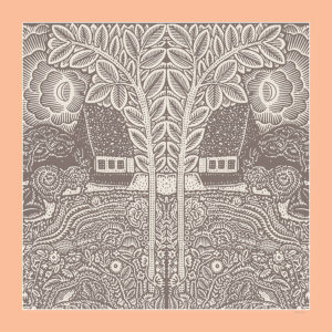 flowers trees houses printed grey and peach silk scarf design