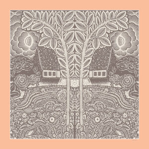 flowers trees houses printed grey and peach silk scarf design