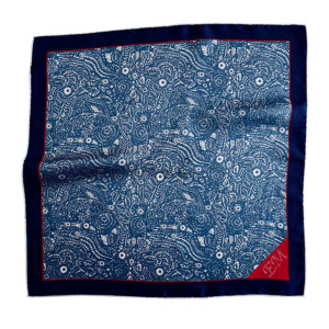 blue pocket square with initial embroidery on red tip