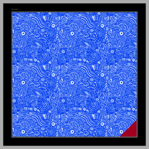blue and white arabesque motif pocket square with red tip