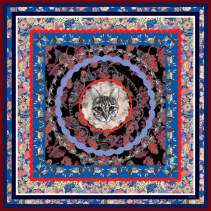 all-over cat printed floral blue silk scarf