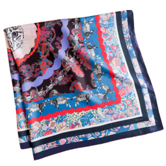 all over cat printed personalized blue silk scarf folded