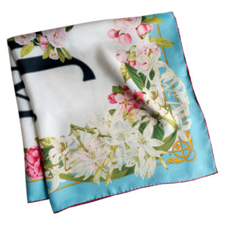 light blue framed silk scarf with romantic flowers folded