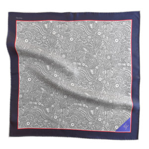 grey and white arabesque printed pocket square with blue tip