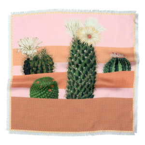 cactus printed small pink and beige silk scarf with fringes