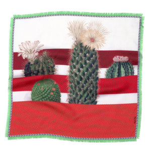 cactus printed small red and white silk scarf with fringes