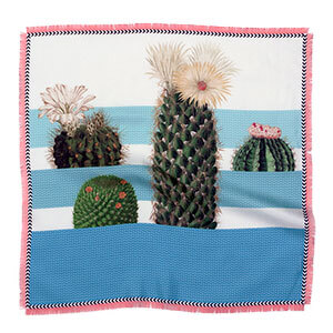 cactus printed small blue and white silk scarf with fringes