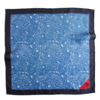 blue arabesque pocket square with initial embroidery on red tip