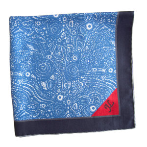 blue arabesque pocket square with embroidery on red tip folded