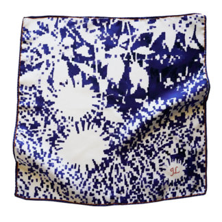 mosaic printed indigo and white silk scarf with initial embroidery