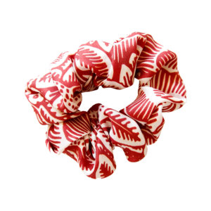 red and white leaf printed silk hair scrunchie