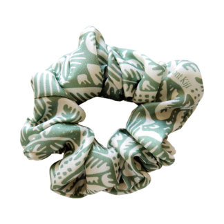 sage and white color leaf printed silk hair scrunchie
