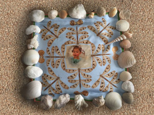 silk scarf with little girl surrounded by dragonflies and shells