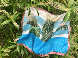 cactus printed blue degrade small silk scarf with fringes
