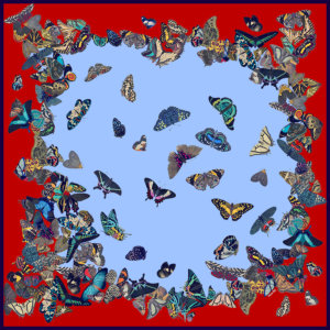 dancing butterflies printed big red and blue silk scarf