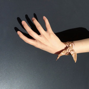 tan and pink leaf printed silk wristband