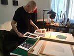Françpios perrodin working on artist collaboration silk scarf project with Mont Kiji