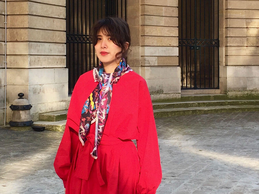 woman with colorful custom made silk scarf with dog print