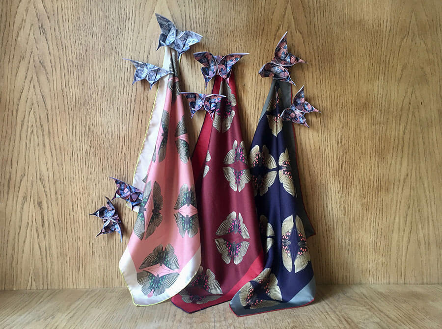 pair of butterfly printed will scarves in pink, red and dark blue