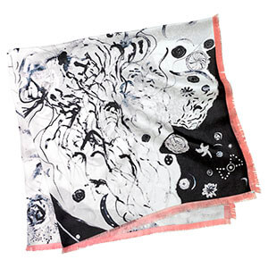 black and white painting printed silk scarf with pink fringes