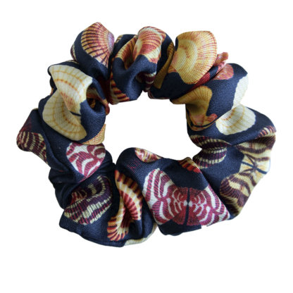 seashell printed off navy color silk hair scrunchy