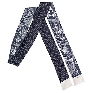 bandana motif printed skinny long blue silk scarf with fringes